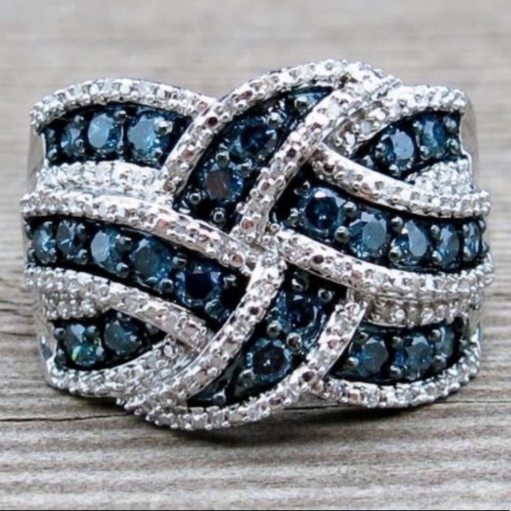💎NEW Silver Blue Sapphire Braided Wide Band Ring - Picture 4 of 4